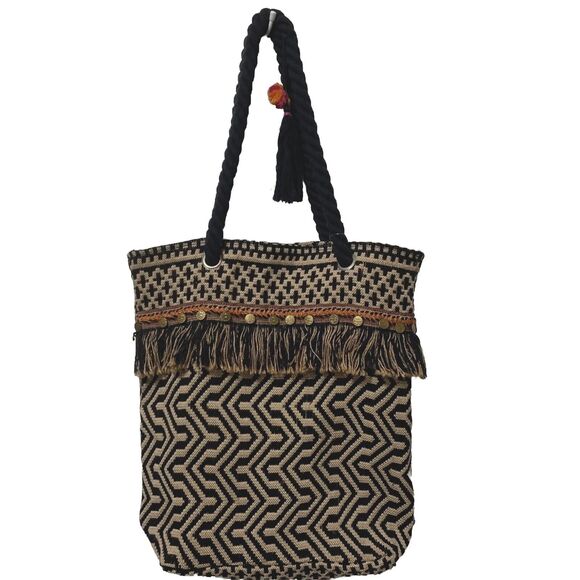 C&C California Beach Tote Shoulder Bag Woven Jute Tassel Navy Ivory Bohemian NWT - Picture 2 of 12